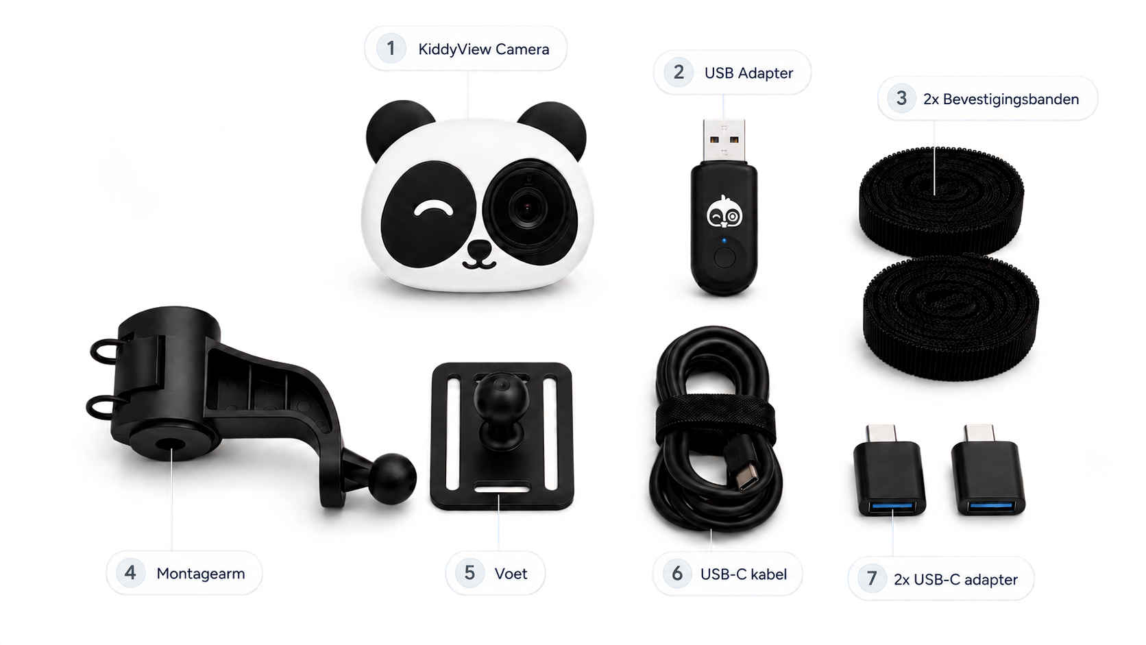 De complete inhoud van de KiddyView-doos: camera, USB-adapter, bevestigingsbanden, montagearm, voet, USB-C-kabel en twee USB-C-adapters