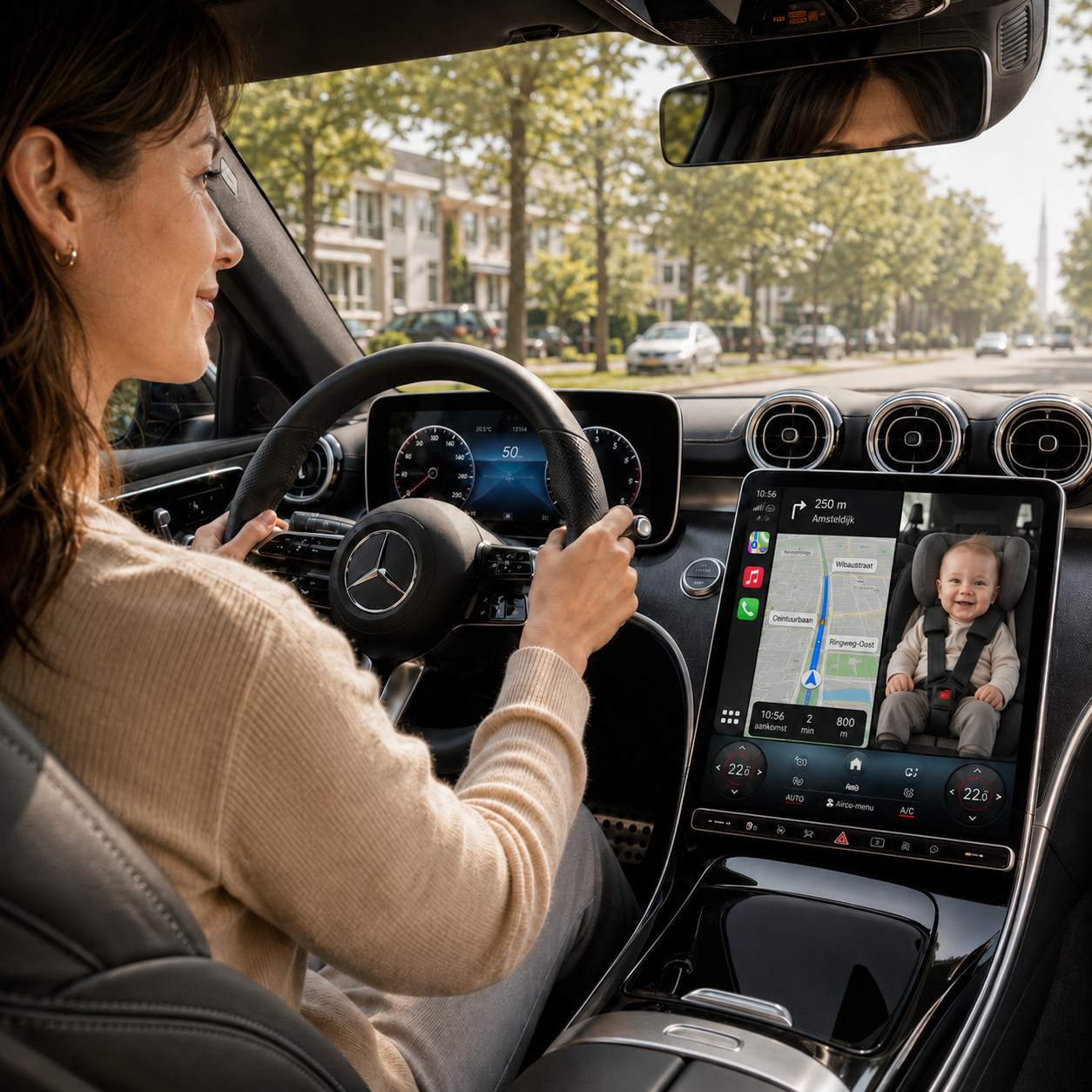 Moeder rijdt met KiddyView live babybeeld naast de navigatie op het autoscherm