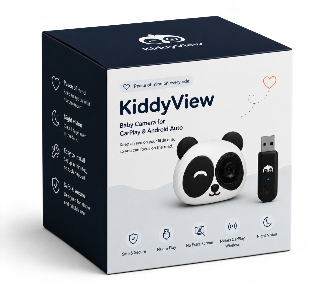 KiddyView productverpakking met panda camera en CarPlay-adapter